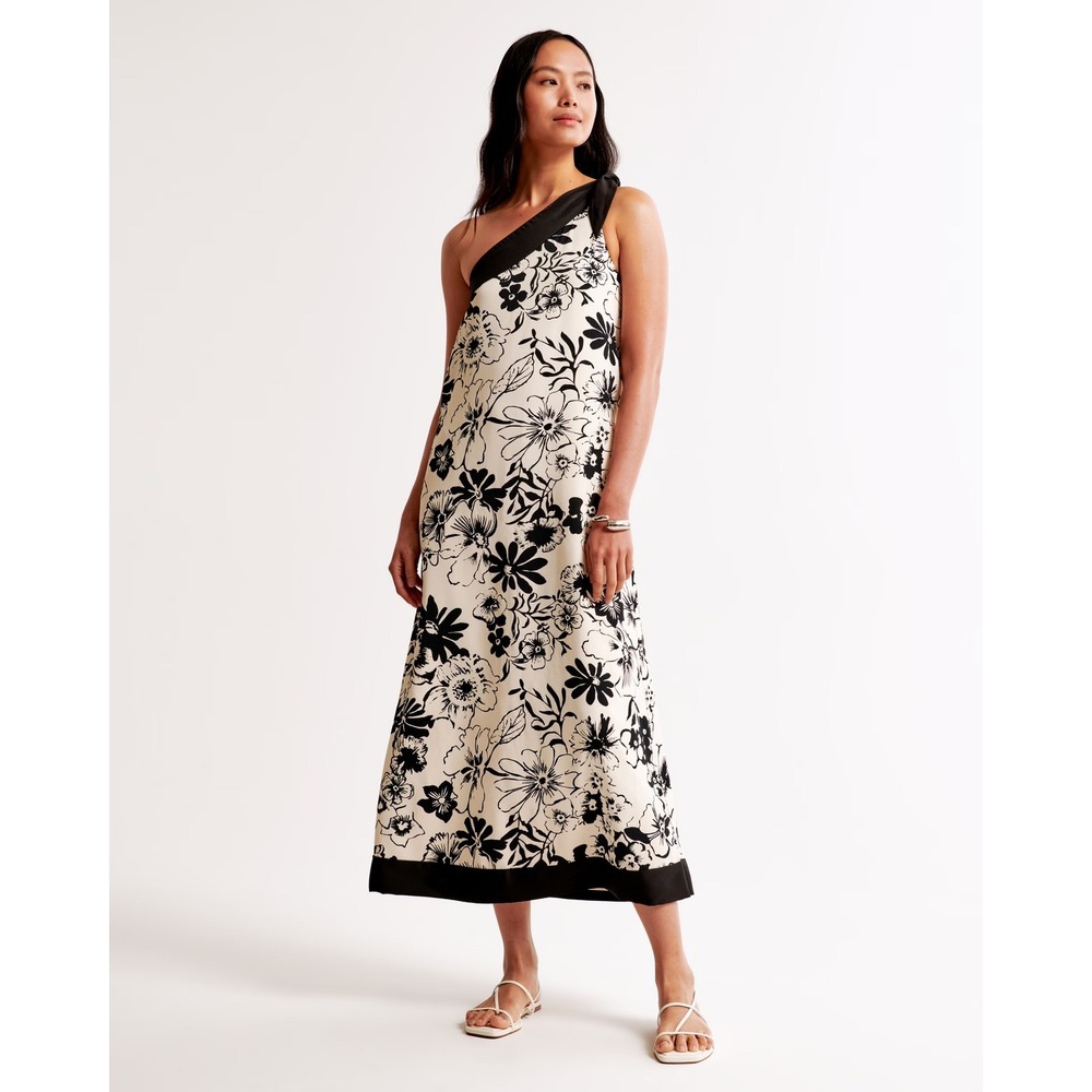 Abercrombie & Fitch One Shoulder Scarf Maxi Dress Floral Black White NWT M Tall